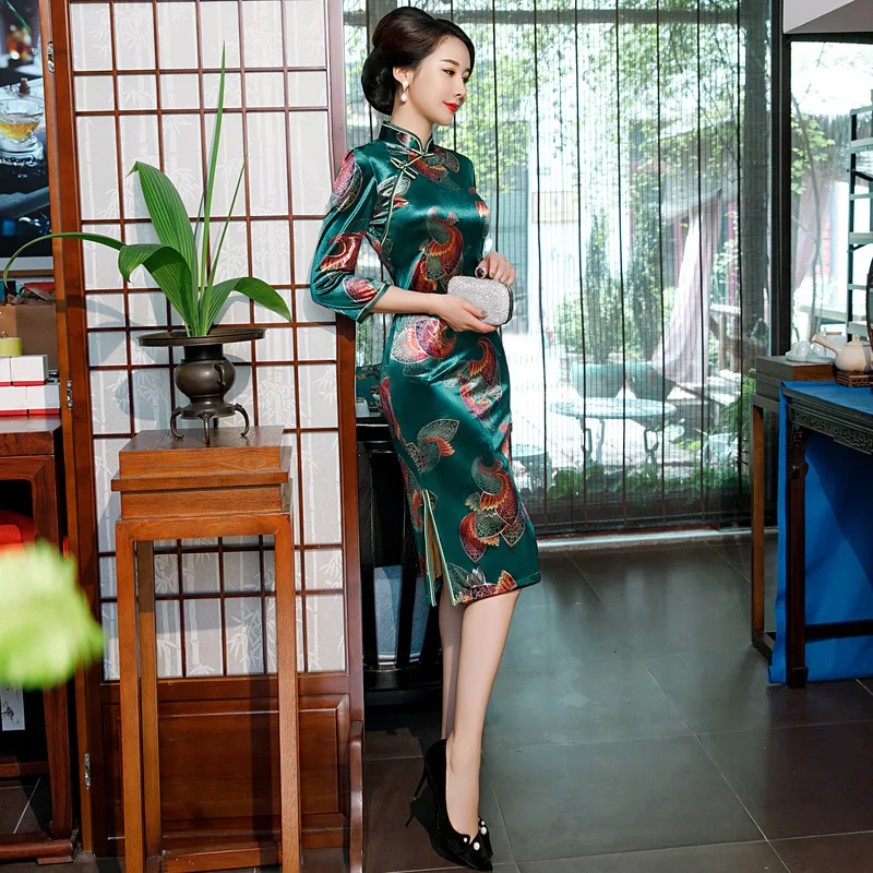 Классический китайский женский халат со стоячим воротником, с цветочным принтом осеннее велюровое китайское женское платье Элегантное Qipao Vestidos плюс Размер M-5XL