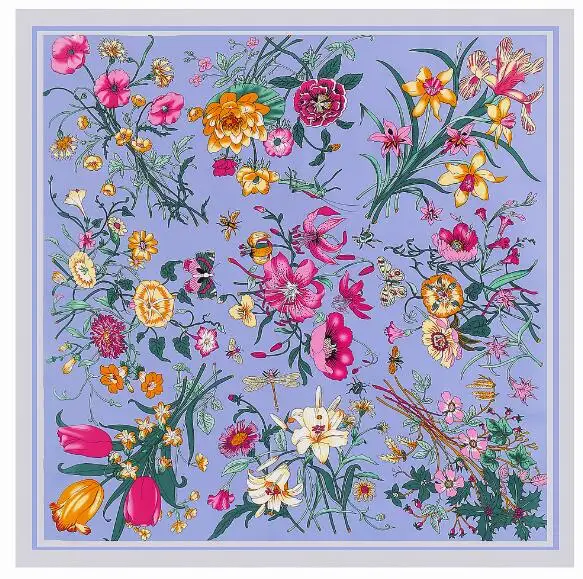 Twill Silk Scarf Women Large Shawls Stoles Lily Flowers Print Square Scarves Echarpes Foulards Femme Wrap Bandanas 130*130CM 4