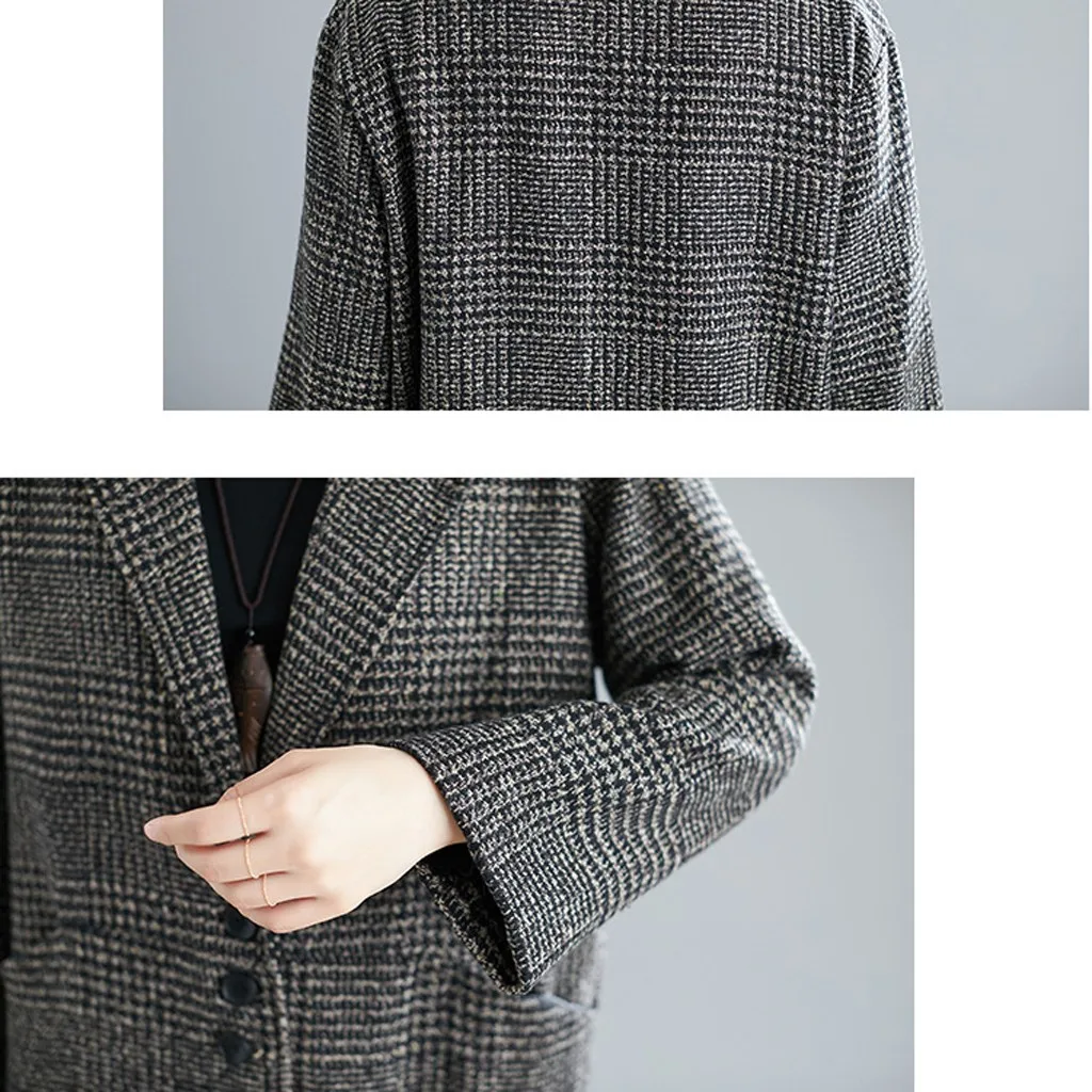 Plus Size M-2xl Woman Plaid Wool Blend Cape Coat Grey Tweed Long Sleeve Single Breasted Wool Overcoat Trench Coat Jacket#J30