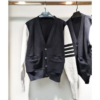 

2020 Fashion TB THOM Brand Sweaters Women Slim Fit V-Neck Cardigans Clothing Patchwork Wool Spring and Autumn Casual Coat
