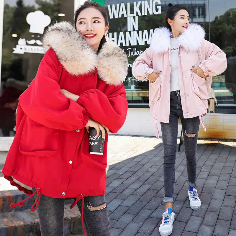 

2019 Winter New Style Korean-style Loose-Fit Large Fur Collar Candy-Colored Cotton-padded Clothes Thick Jeans Coat Women's