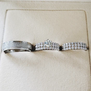

Real 925 Sterling Silver 3pcs in 1 Couple Wedding Ring Set for Bridal Women and men Finger Gift Africa Fashion Jewelry R5386