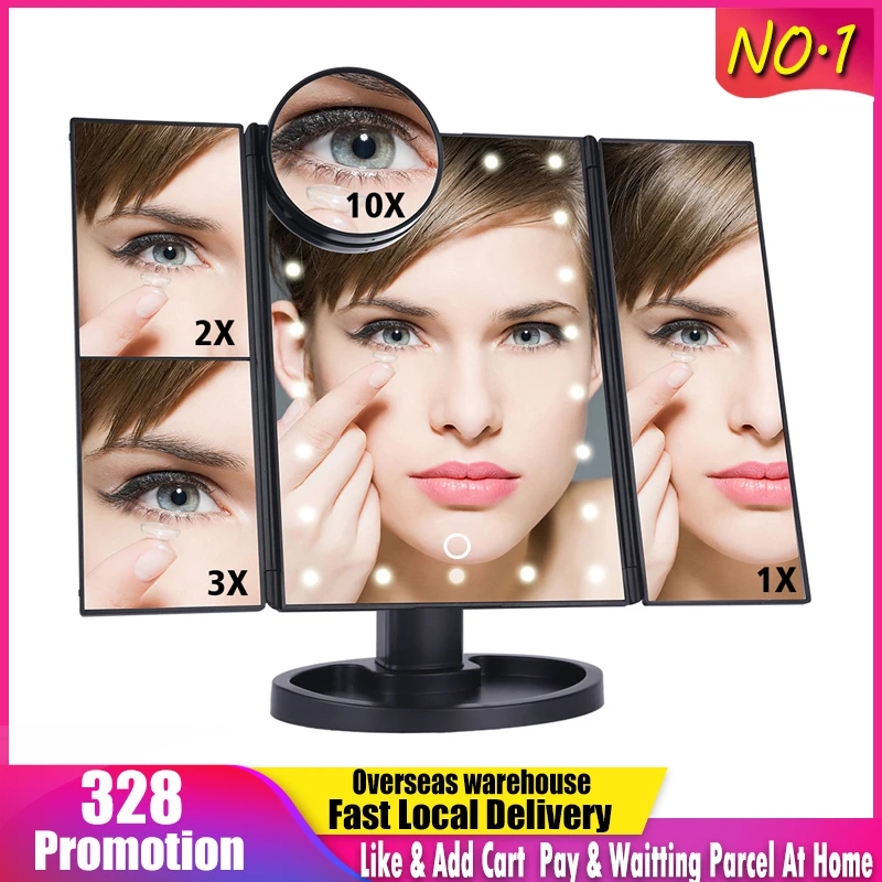 LED Touch Screen 22 Light Makeup Mirror Table Desktop Makeup 1X/2X/3X/10X Magnifying Mirrors Vanity 3 Folding Adjustable Mirror