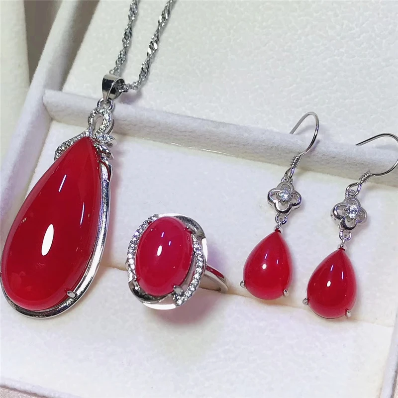 Jadery 925 пробы Серебряное ожерелье/серьги/кольцо натуральные красные украшения из зеленого нефрита наборы для женщин женские вечерние ювелирные изделия