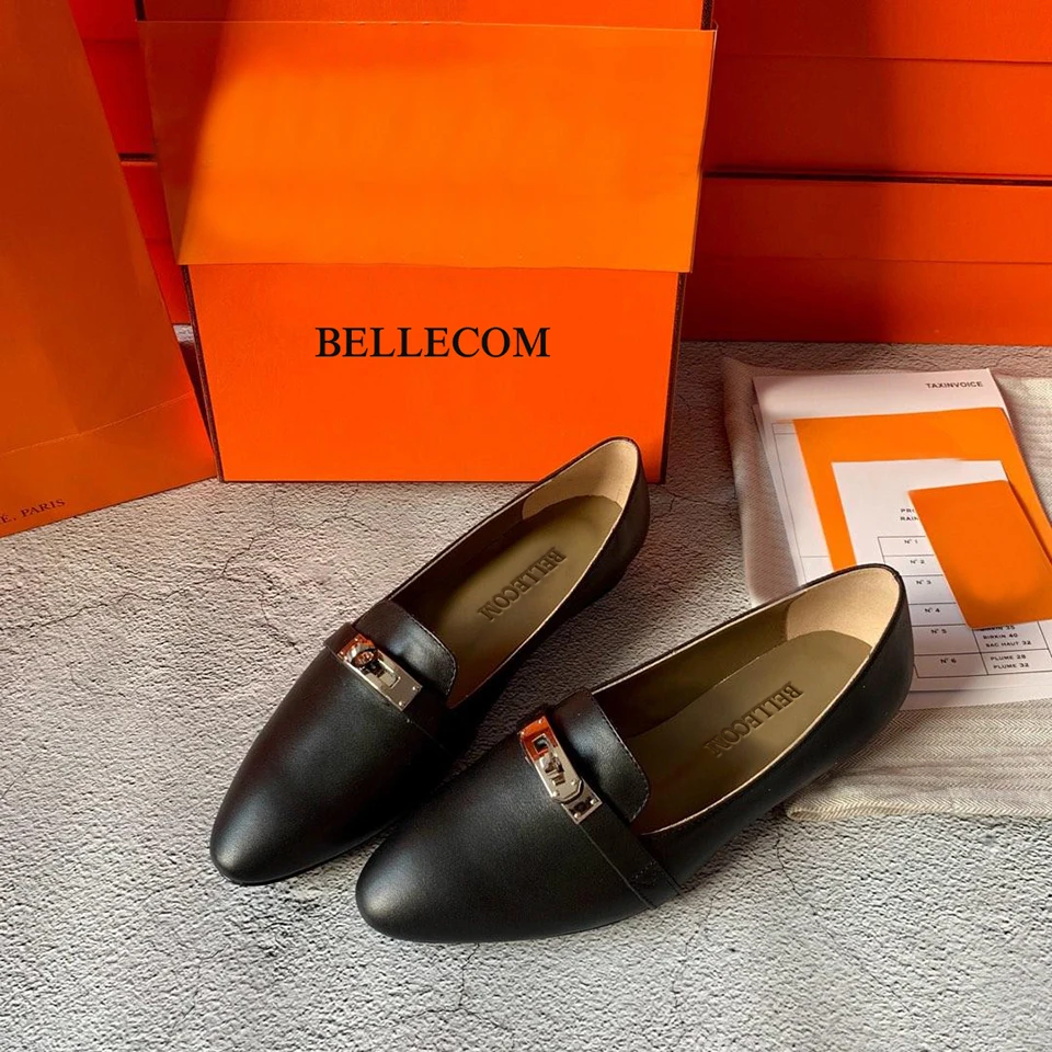 

BELLECOM Fall 2019 New Comfortable Women's Flat Bottom Shoes, Leather Square Button Single Shoes, Lefu Shoes