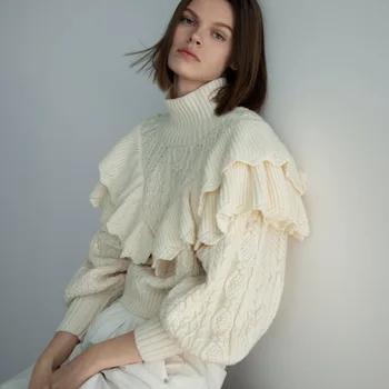 

2019 ZA Winter Fashion Vintege Lotus Leaf Sweater Trendy Casual Loose Warm Polo Neck Turtleneck Christmas Clothing Wholesale