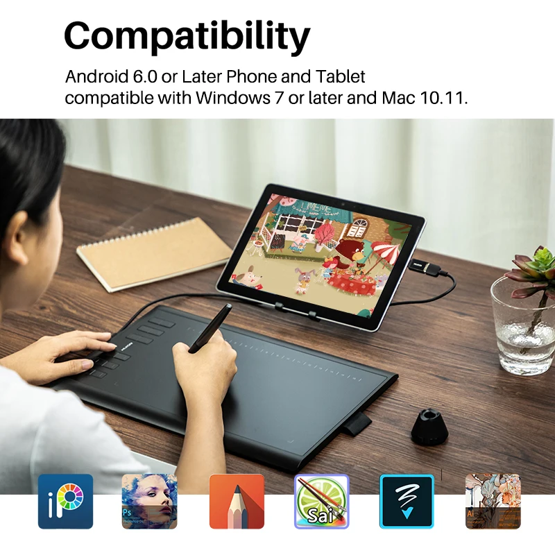 HUION H1060P Graphics Tablet Battery-Free Stylus Digital Tablets 8192 Level Pen Pressure With 12 Express Keys OTG Adapter 2