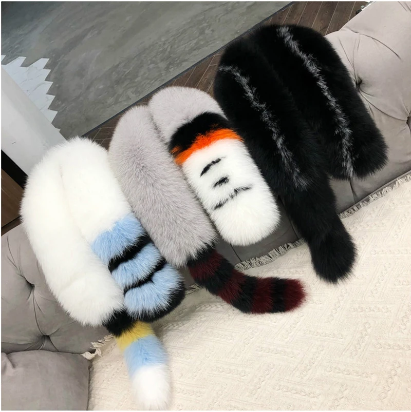 Женский роскошный воротник с лисьим мехом и хвостиком цветной зимний 2019|fur fox