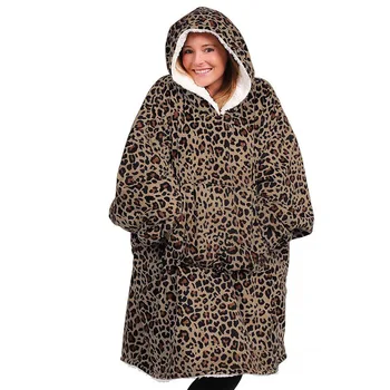 

Leopard Fleece Sherpa Blanket with Sleeves Super Huge Warm Outdoor Pocket Hoodie Adult Winter Hooded TV Blankets Sweatshirt