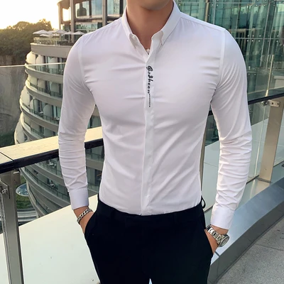 

Autumn embroidered shirt male long-sleeved Korean version of the trend of handsome British Slim-free hair stylist shirt thin