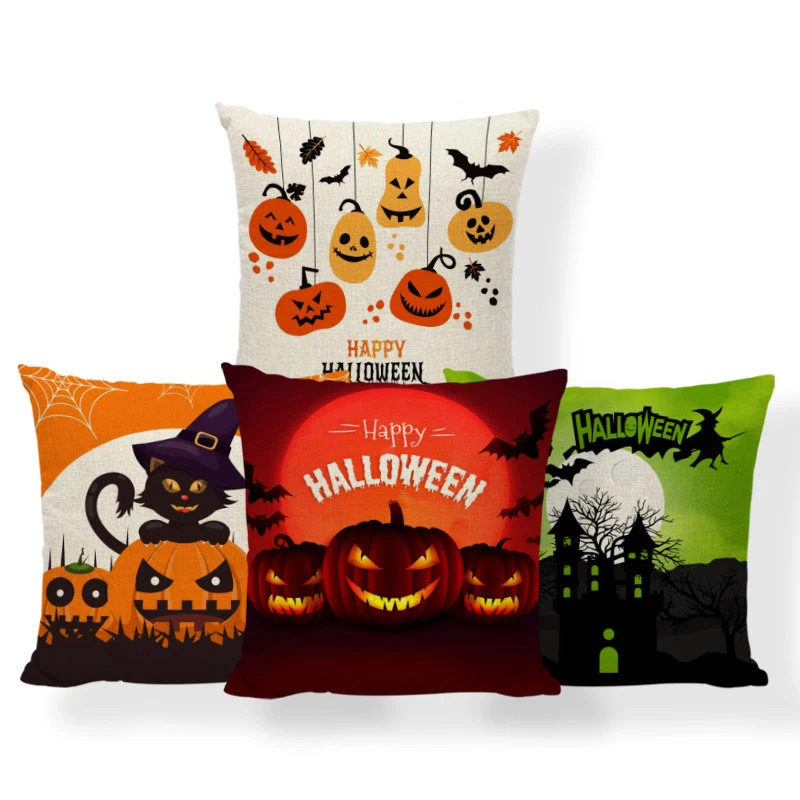 

Cute Fun Pillowcase Pumpkin Head Castle Bat Ghost Cartoon Pillow Living Room Polyester Linen Decoration Halloween Cushion Cover