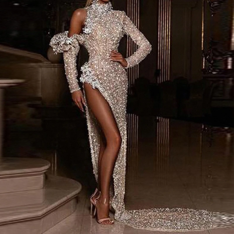 

Gold Prom dress Bling Sequins Side High Split Evening Party Dresses Long Tail Shiny Formal Dress Evening Gown Dance Queen Dress