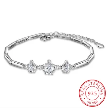 

925 Sterling Silver White/Purple Zirconia Princess Crown Charms Bracelets For Women pulseira feminina Valentine's Day present