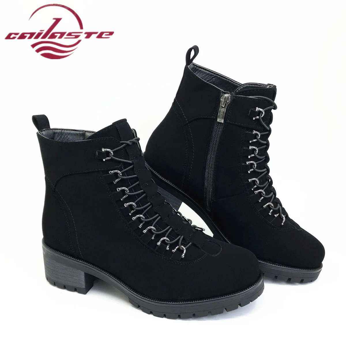 

CAILASTE Women winter mid high heel shoes Platform Wool blend warm fur Elastic lace up Inner zipper Vintage shoes for dady shoes