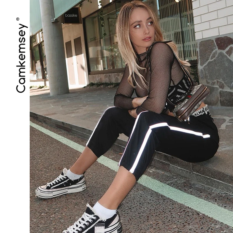 

CamKemsey Autumn Casual Joggers Sweatpants Women Spring Elastic Waist Reflective Striped Ankle Length Black Cargo Pants 2019