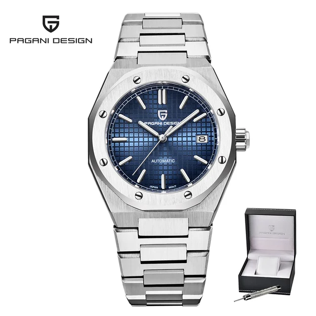 PAGANI DESIGN New 2021 Men's 40mm Stainless Steel Clock Seiko NH35A Automatic Date 100m Waterproof Wristwatch Relogio Masculino Silver Blue