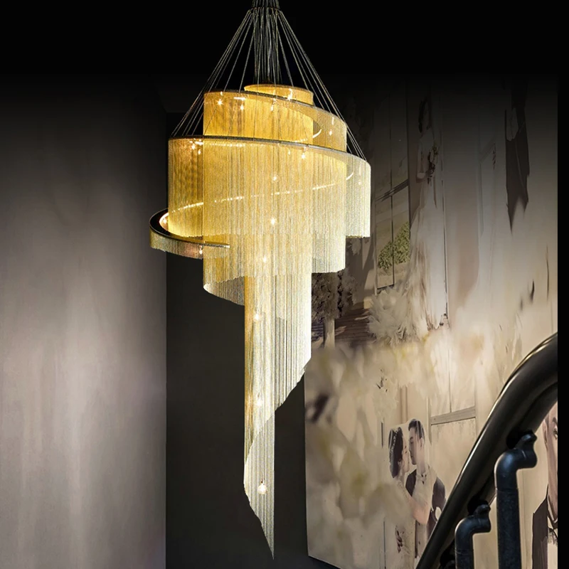 

Postmodern Large Chandelier Villa Living Room Long Chandelier Lighting Hotel Exhibition Hall Golden Spiral Stair Hanging Lamps