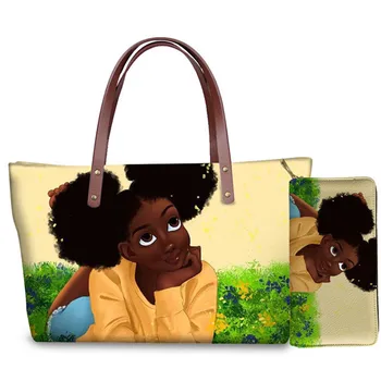 

Custom mode 2pcs/set Women Handbags Black Art African Girl Printing Hand Bag&Wallets Ladies Ethnic Top-Handle Bags Females Bolsa