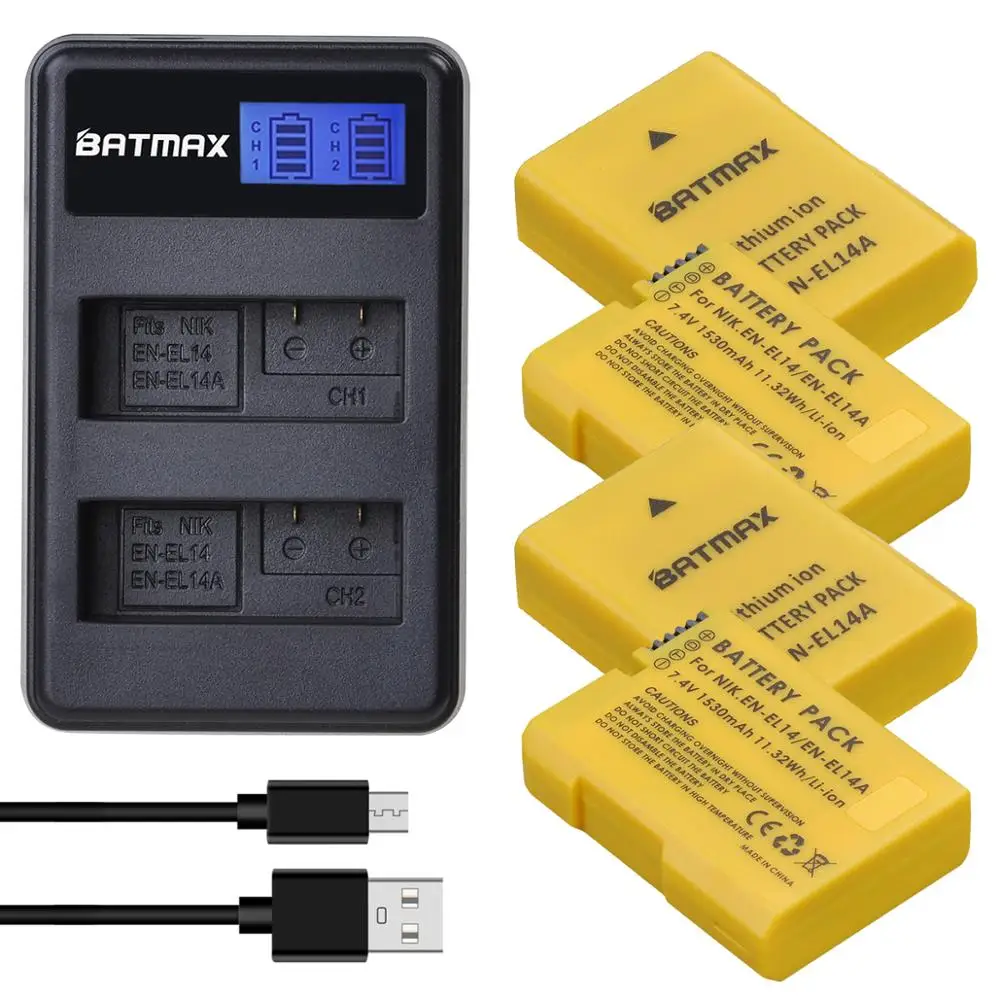 Batmax En-El14 En-El14A Batteria Akku + Lcd Usb Dual Charger Per Nikon P7800,P7700,P7100,P7000,D5600,D5500,D5300,D5200,D5100,D3200