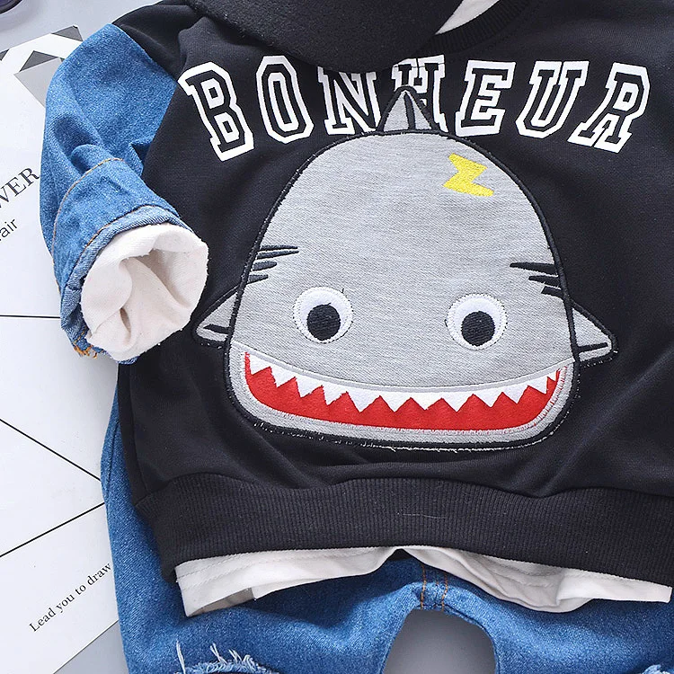 Коллекция 2019 года, весенне-осенние комплекты одежды для маленьких девочек и мальчиков, футболка с изображением акулы из мультфильма