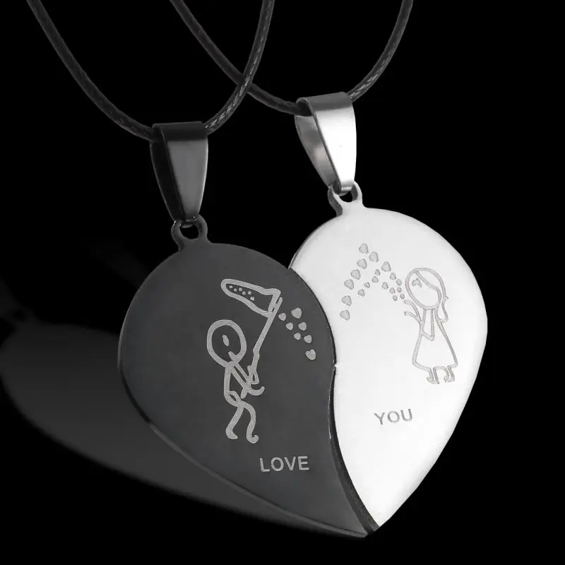 

Couples Jewelry Broken Heart Necklaces Black Necklace Stainless Steel Engrave Love You Pendants Necklace Valentine's Day