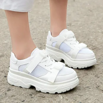 

QWEDF New Hot Summer athletic Women Sneakers For Woman walking Shoes Girls Simple Breathable Sport Sneaker Black 6cm YC-82