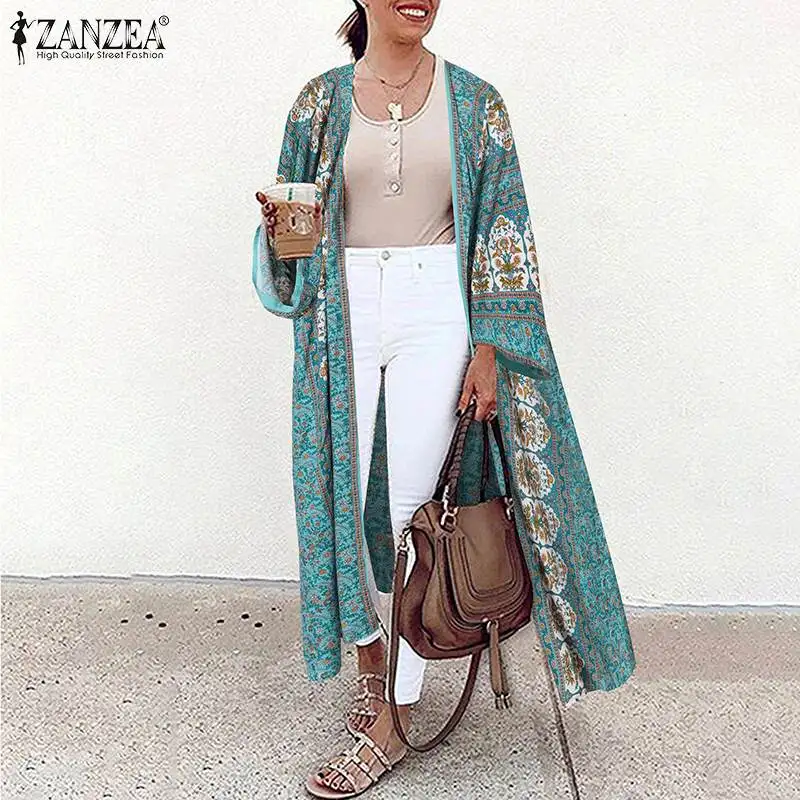 ZANZEA 여성용 빈티지 꽃무늬 프린트 블라우스, 비치 가디건, 보헤미안 긴 소매 오픈 프론트 기모노, 루즈 롱 셔츠, 휴일, 여름