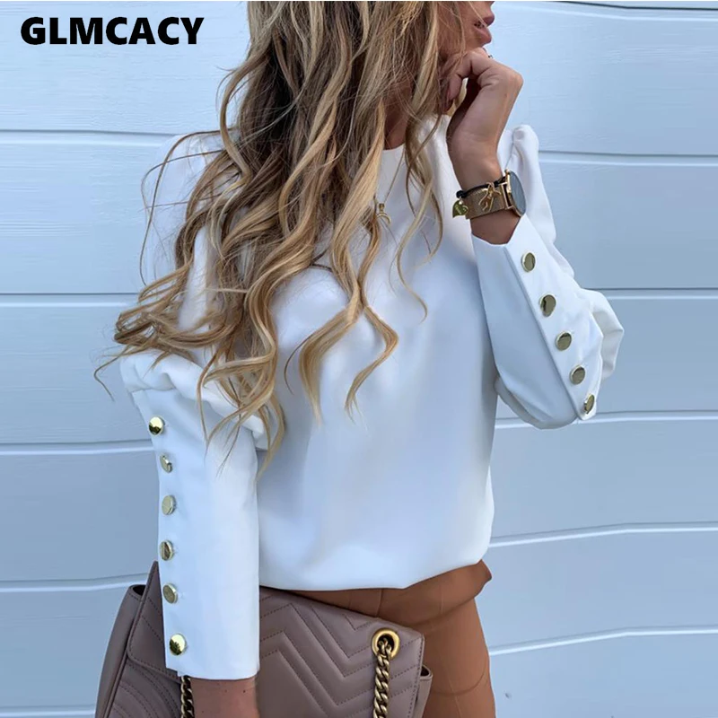Для женщин элегантные модные Базовый Топ Женская обувь в деловом стиле; стильный принт Рубашка для отдыха с однотонным металлическим на пуговицах деталь Повседневная Блузка - Color: White
