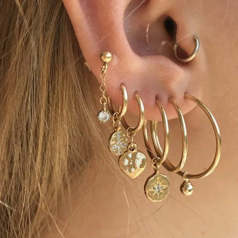 

Women Stud Earrings Vintage Beads Stars Peace Signs Crystals Geometric Pendant Gold Earring Set Personality Lady Party Jewelry