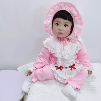 

Baby Girl Spanish Lotia Rompers with Hat Boutique Infant Pink Cottton Jumpsuit Newborn Birthday Baptism Romper Spain Outfits