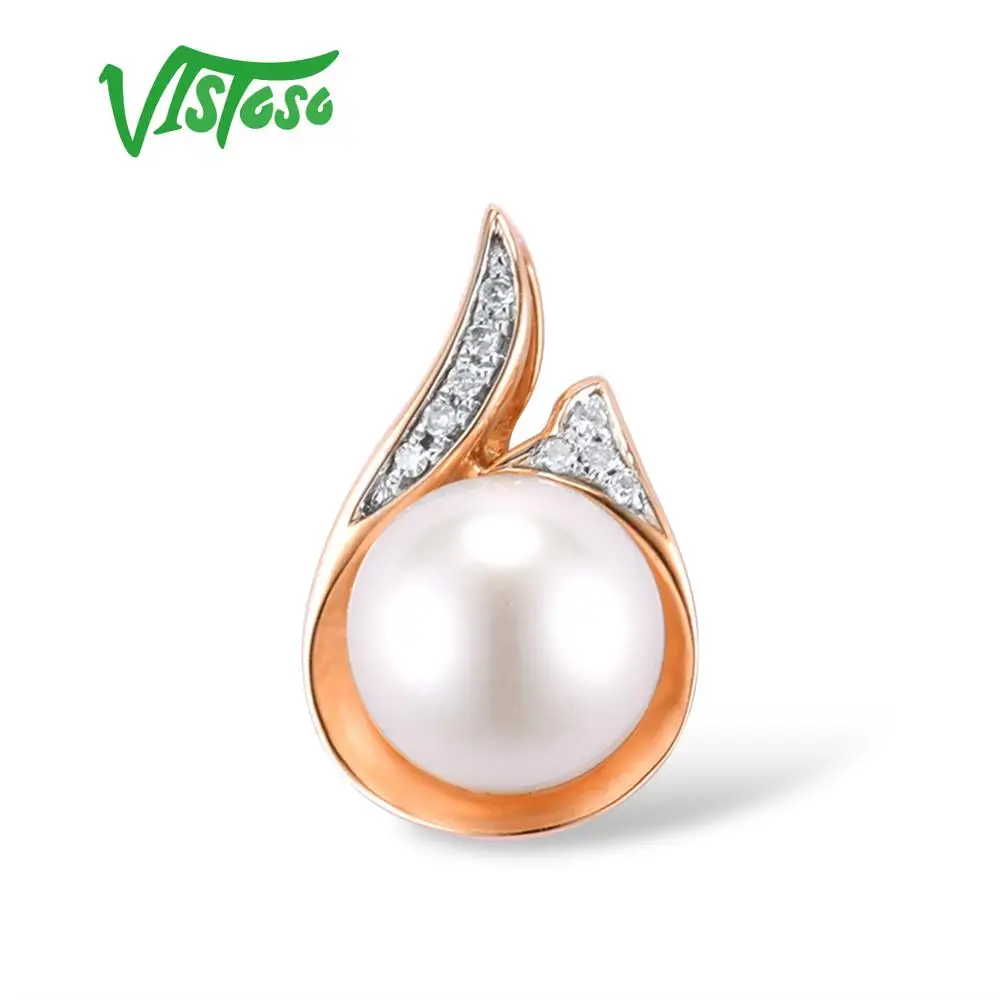 

VISTOSO Gold Pendant For Women Pure 14K 585 Rose Gold Sparkling Diamond Elegant Fresh Water Pearl Pendant For Lady Fine Jewelry