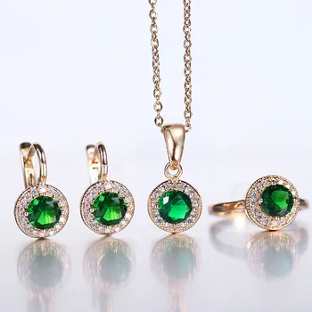 

New Jewelry Set for Women Girls 585 Rose Gold Green Rhinestone Clear Cubic Zircon Round Ring Earrings Pendant Necklace DGS295