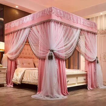 

Luxury Pink Red Blue Two Floors Three Doors Square Floor-standing Shading Princess Lace Bed Mantle Mosquito Net Room Decoration