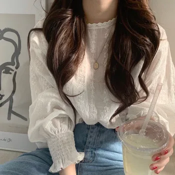 

Long Sleeve Women Blouse 2020 Spring Summer Korean Girl's Sweet Plain Female Tops Solid White Round Neck Causal Shirt