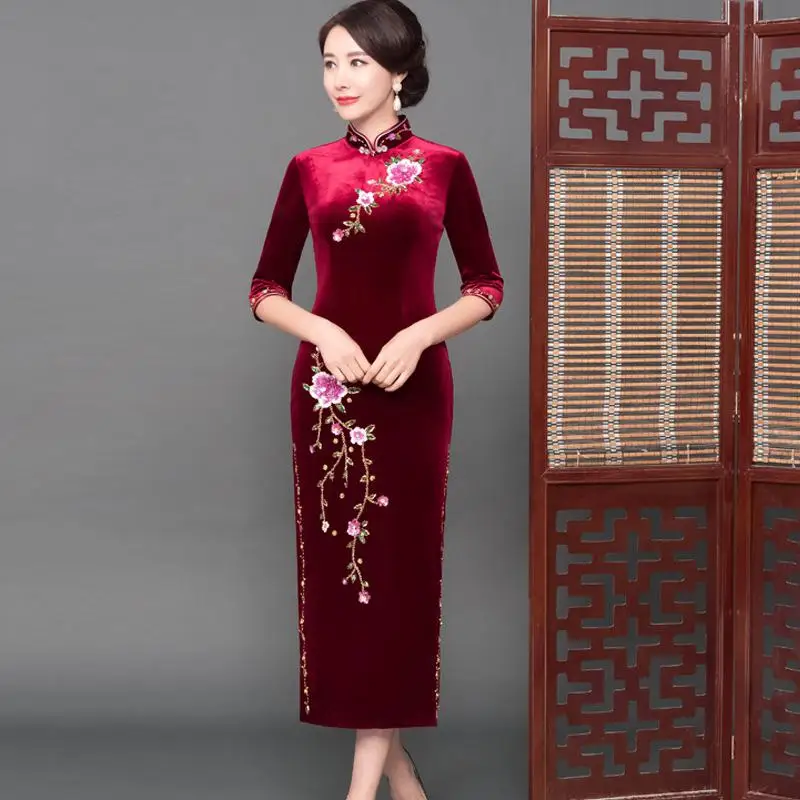 Вышитое цветочное кружево Qipao для женщин с воротником «Мандарин», полурукав вечернее вечерние платье с большим разрезом велюр Открытое платье Cheongsam - Цвет: StyleB 1