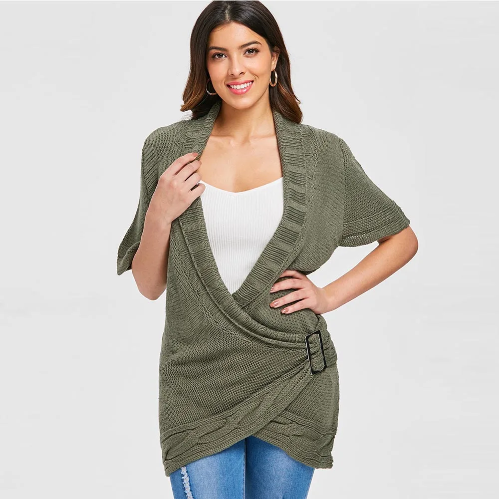 

ROSEGAL Shawl Collar Buckled Surplice Sweater Dress Women Short Sleeves Casual V-Neck Mini Sequined Elegant Dresses Femme 2019