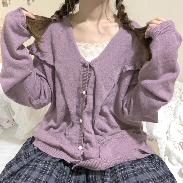 Фиолетовый Сладкий крем супер милый японский стиль женский свободный свитер с длинными рукавами зимняя Осенняя вязаная кардиган воротник с оборками - Цвет: Фиолетовый