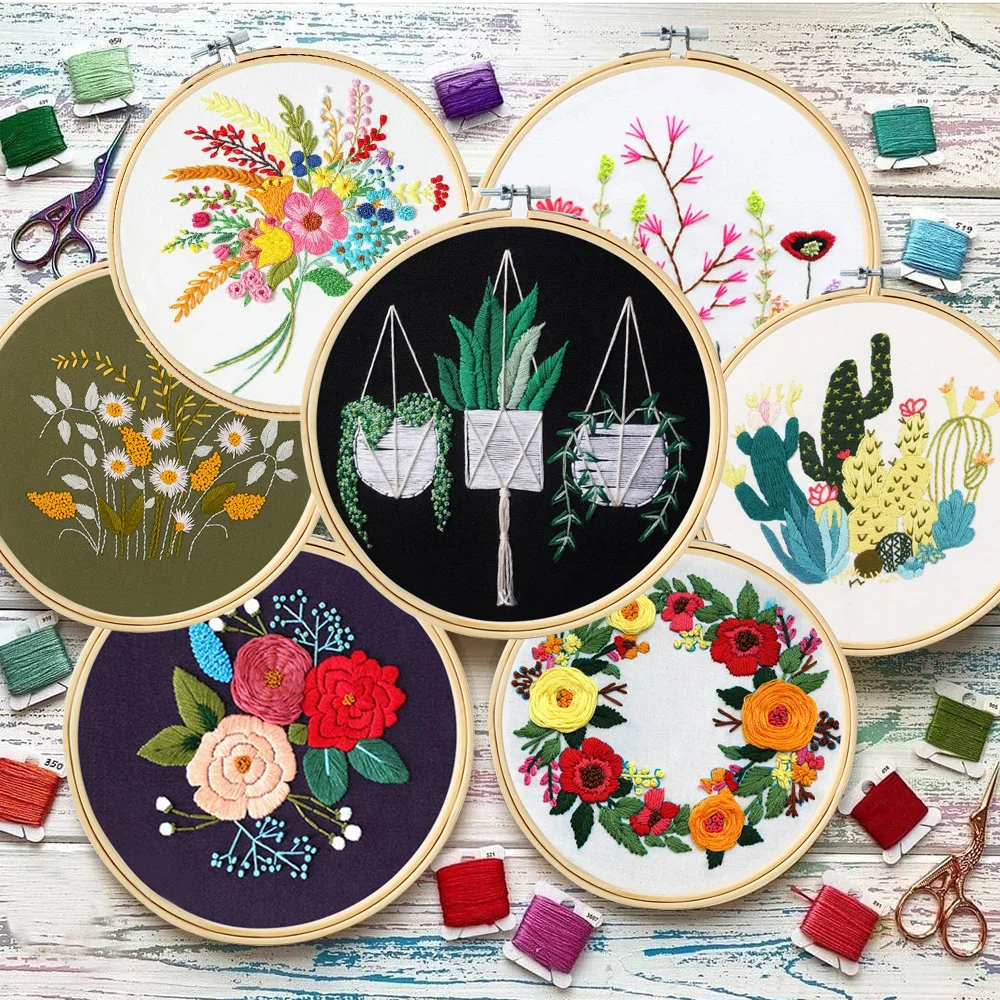 DIY Flowers Plants Pattern Embroidery Set Needlework Tools Printed Embroidery Fabric Round Embroidery Kit DIY Sewing Craft Kit