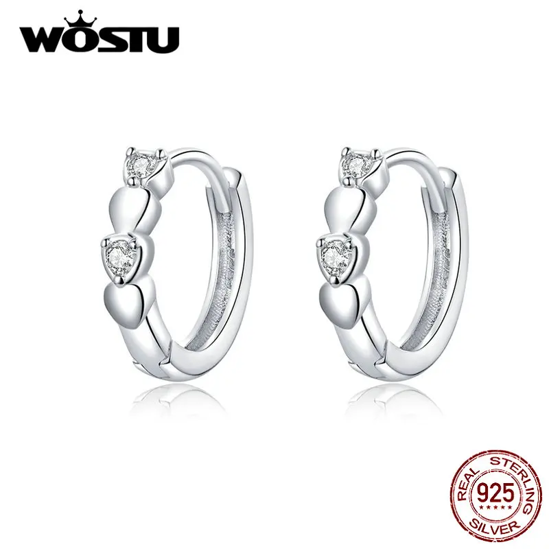 Женские серьги кольца WOSTU из стерлингового серебра 925 пробы с сияющим сердцем