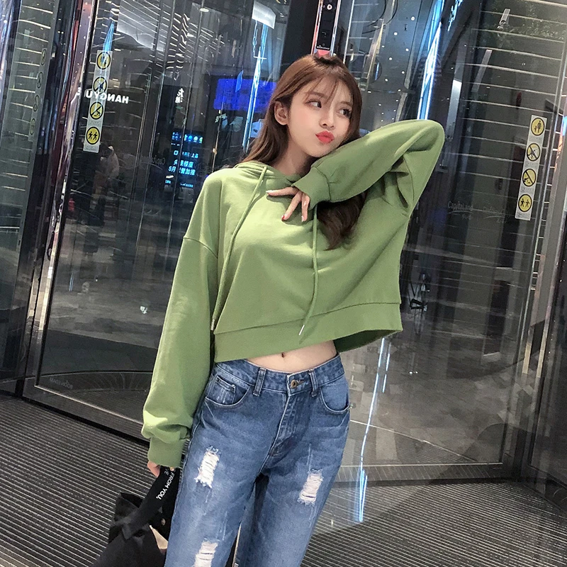 

Fashion Street Hooded Sweatshirt for Women Autumn and Winter New Casual Solid Color Short Pullover Simple Harajuku Hip Hop Top