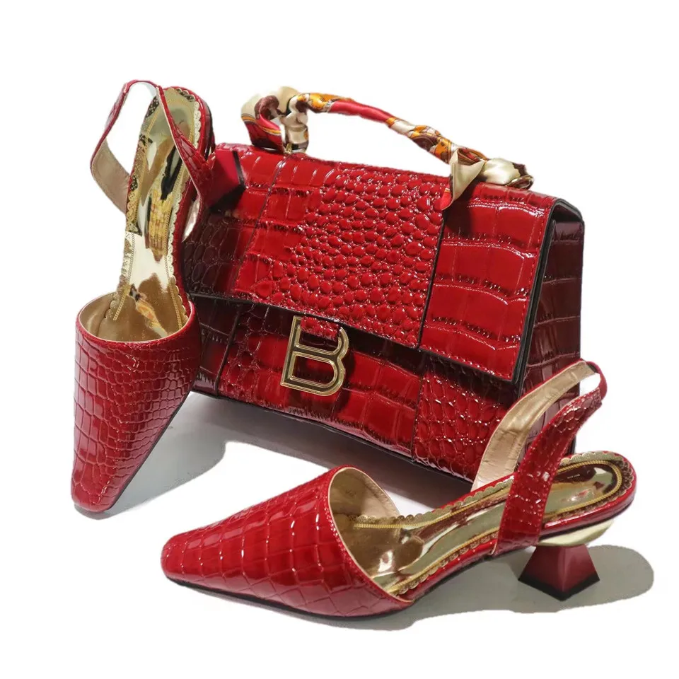 Gorgeous Red Women Shoes Match Big Bag With Metal Decoration