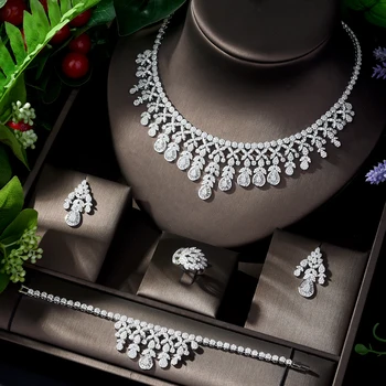 

HIBRIDE Luxury Cubic Zirconia Necklace Bracelet Earring and Ring 4pcs Dubai Full Jewelry Set for Women Bridal Dress Dinner N-821