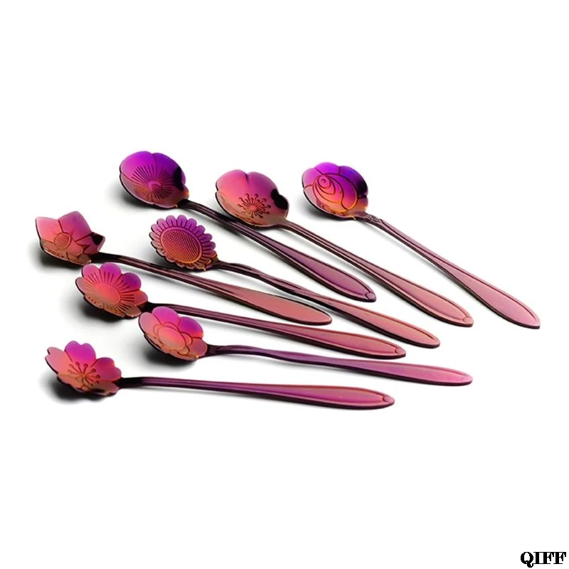8pcs Steel Teaspoon Rainbow Color for Coffee Tea Mixing Sugar Ice Cream Stir Bar Spoons-8 Diffient Pattern Colorful Cutlery