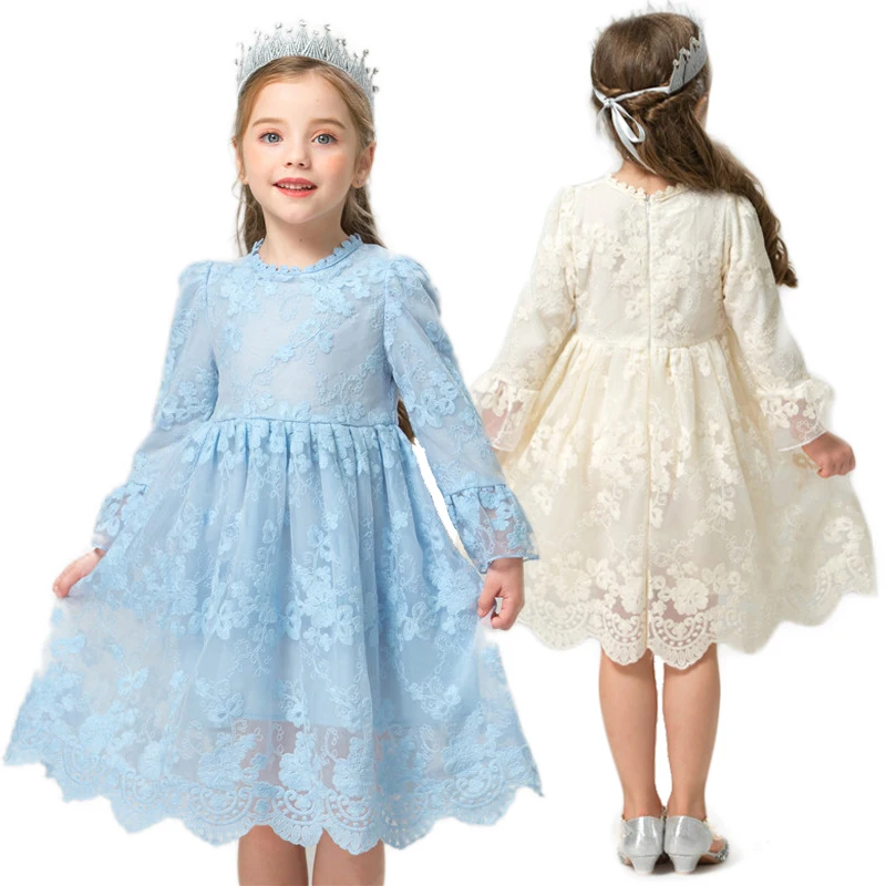 Зимнее платье для девочек одежда с длинными рукавами для маленьких девочек Детские платья для девочек, кружевное платье с цветочным узором для дня рождения, повседневная одежда для детей возрастом 7 лет