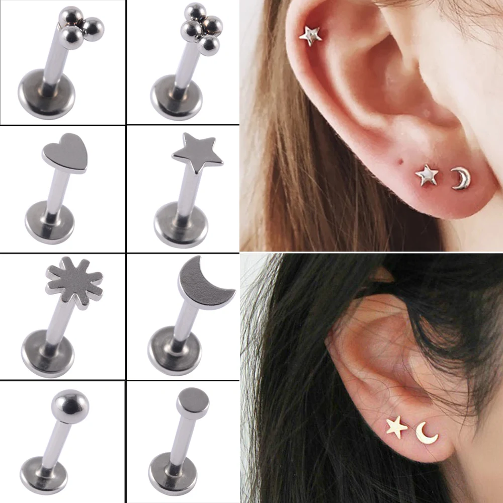 2pcs Surgical Steel Heart Ear Tragus Cartilage Piercing Mix Shape