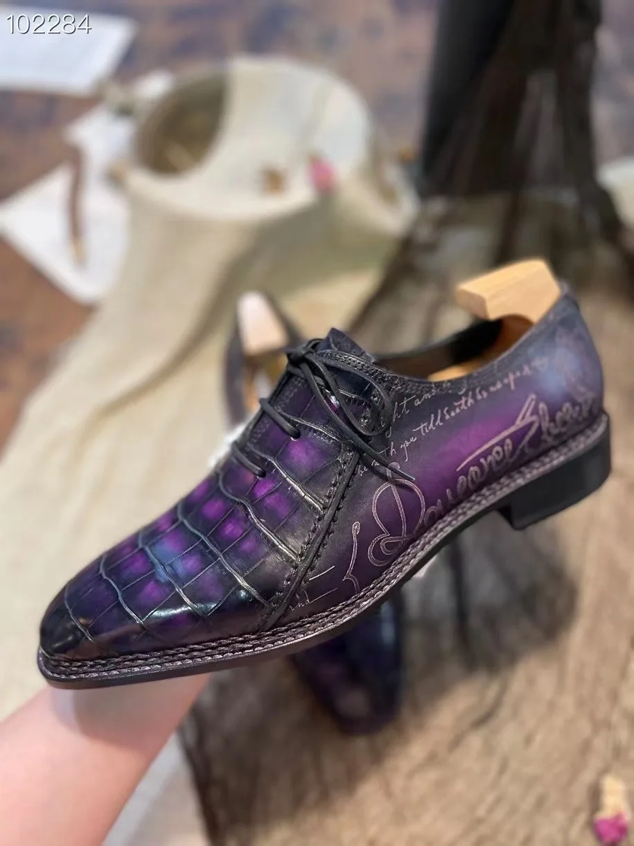 

Sipriks Top Crocodile Skin Purple Wedding Shoes Mens Luxury Goodyear Welted Shoes Original Calf Leather Dress Oxfords Gents Suit