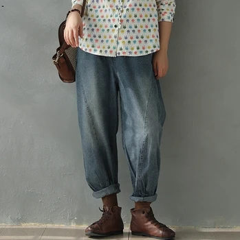 

Cotton denim harem pants 2020 spring new retro art slash stitching elastic waist pants pant