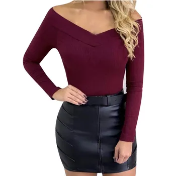 

Oufisun 2020 Autumn Sexy V-Neck Solid Color Off Shoulder Jumpsuits Women Long Sleeve Casual Jumpsuits For Womens Slim Bodysuits