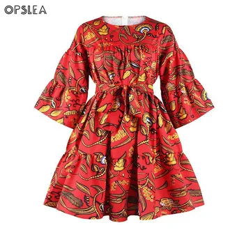 

Opslea African Women Ethnic Print Dresses Dashiki Ruffled Sleeve Patchwork Loose Clothes African Round Neck High Waist Dress