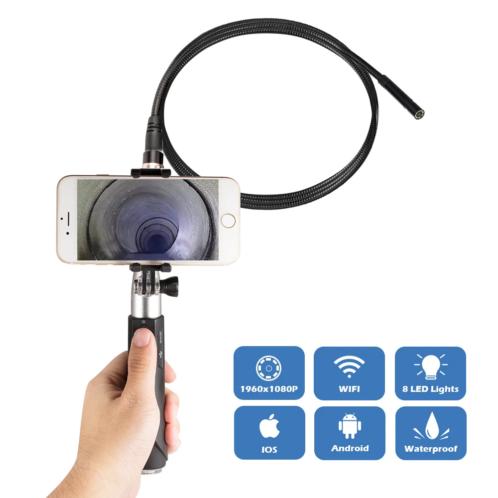 

WIFI Handheld Endoscope 8mm 8LED 1m snake Hard Cable Waterproof borescope Android IOS Endoscopio Inspection Camera gift box